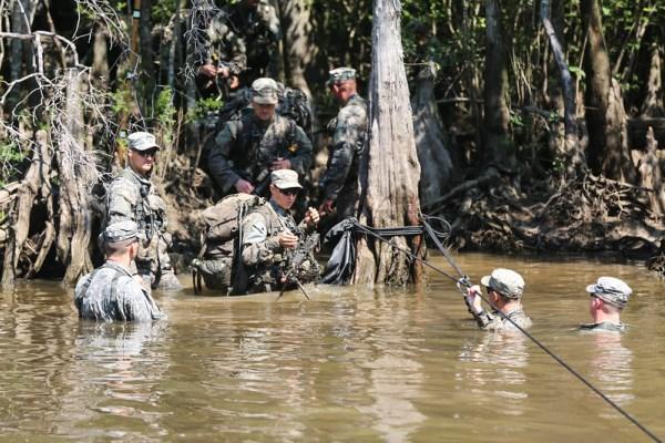 U.S. Army Soldiers participate in waterborne operations training during the Ranger Course on Camp Rudder on Eglin Air Force Base, Fla., Aug. 04, 2015. (U.S. Army photo by Staff Sgt. Scott Brooks)