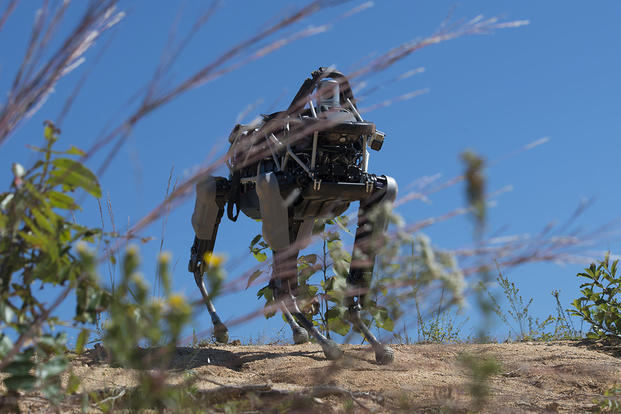 "Spot", a quadruped prototype robot, walks down a hill during a demonstration at Marine Corps Base Quantico, Va., Sept. 16, 2015. Photo By: Sgt. Eric Keenan