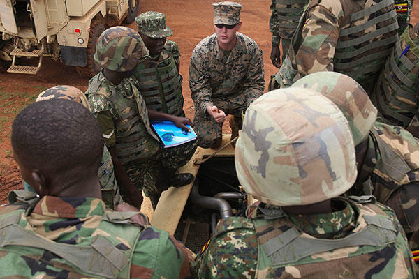 U.S. Marines with Special-Purpose Marine Air-Ground Task Force Crisis Response-Africa, train members of the Uganda People’s Defense Force on Mine-Resistant, Ambushed-Protected Vehicles at Camp Singo, Uganda. (U.S. Marine Corps/Cpl. Olivia McDonald)