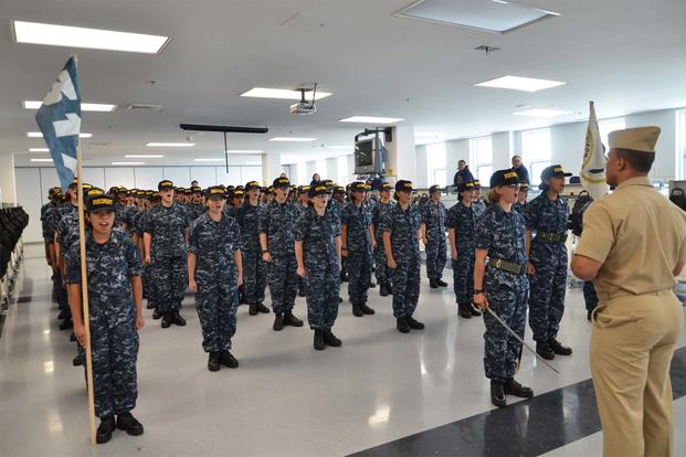 FILE PHOTO -- USS Arizona ship’s officer addresses the first all-female division in recent history at Recruit Training Command, Aug. 17, 2012. (U.S. Navy/Liza Swart/Released)