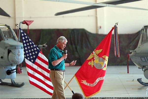 The Defense Secretary Chuck Hagel speaks during a town hall meeting aboard Marine Corps Base Camp Pendleton Calif., on Aug. 12, 2014.