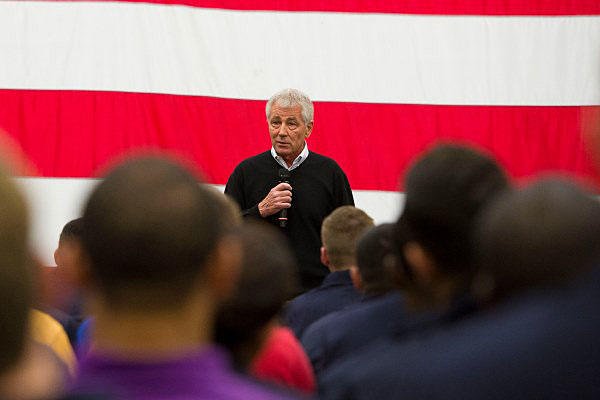 Defense Secretary Chuck Hagel speaks to sailors aboard the USS America in San Diego, Jan. 14, 2015. Hagel is visiting all service branches to thank them for their service during his last official domestic trip. Petty Officer 2nd Class Sean Hurt/Navy