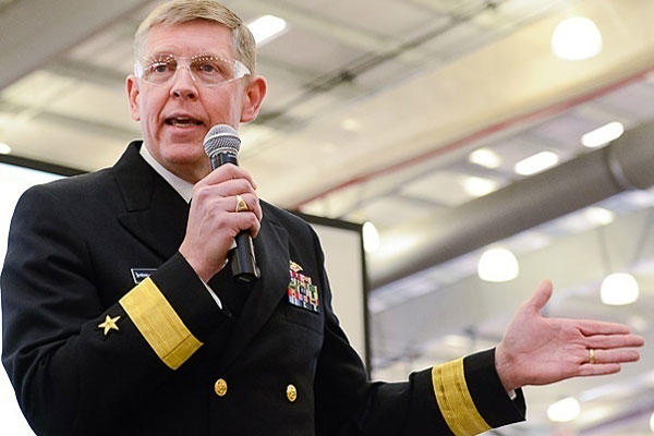Naval Surface Warfare Center Commander Rear Adm. Lorin Selby speaks to students at the 2015 FIRST Tech Challenge Virginia State Championship. Navy photo