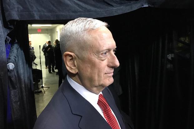Retired Marine Gen. James Mattis prepares to join Republican President-elect Donald Trump on stage in Fayetteville, N.C., on Dec. 6, 2016, to accept the nomination to become secretary of defense. (Photo courtesy Trump Transition Team)