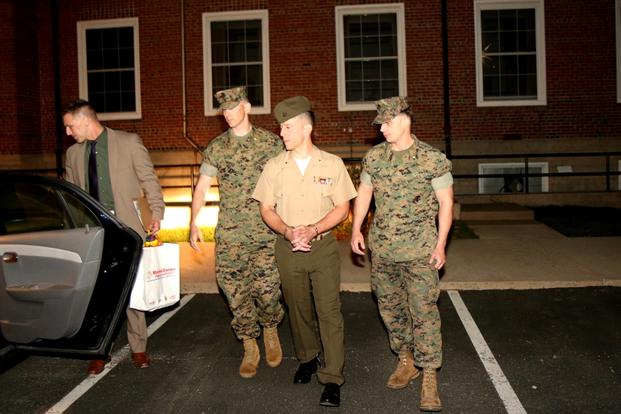 Maj. Mark Thompson exits Lejeune Hall April 13, 2017, at Marine Corps Base Quantico after being sentenced for lying about having sexual relationships with two female midshipmen as an instructor at the U.S. Naval Academy. (Photo: Matthew Cox/Military.com)