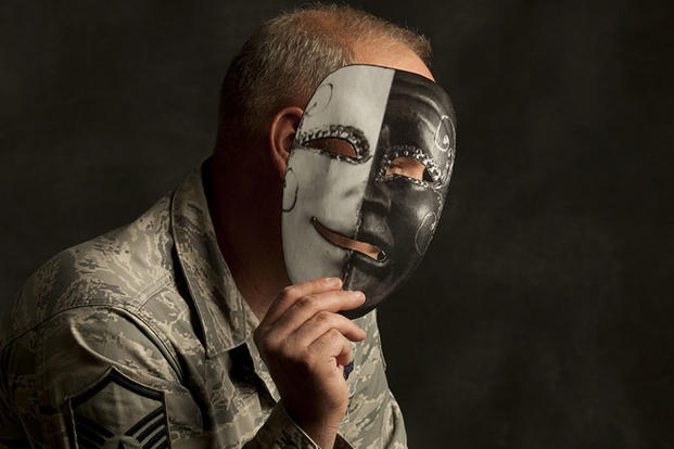 Master Sgt. James Haskell was an aerial gunner for most of his 21-year Air Force career. Now, he struggles with PTSD and says putting on a happy face to get through a day is like wearing a mask. Master Sgt. Kevin Milliken/Air Force