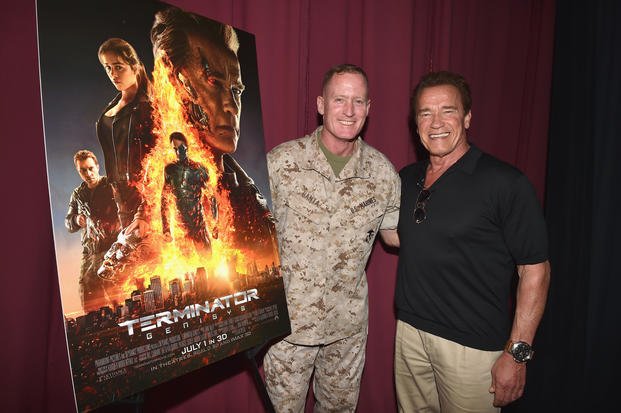 OCEANSIDE, CA - JUNE 14:  Brigadier General Edward D. Banta welcomes former CA Governor Arnold Schwarzenegger to a screening of TERMINATOR GENISYS at Camp Pendleton on June 14, 2015 in Oceanside, California.  (Photo by Kevin Winter/Getty Images for Paramount Pictures')