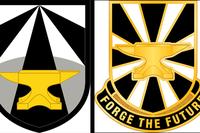 The shoulder sleeve insignia, left, and distinctive unit insignia for Army Futures Command. With a golden anvil as its main symbol, the shoulder patch and unit insignia are a nod to former Gen. Dwight D. Eisenhower's personal coat of arms, which included a blue-colored anvil. (US Army illustration)