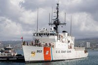 The U.S. Coast Guard Cutter Harriet Lane (WMEC 903) and crew prepare to moor in Pearl Harbor