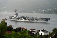 FILE - The American aircraft carrier USS Gerald R. Ford, on its way into the Oslofjord, at Drobak in Norway, Sept. 12, 2025. (Lise Aaserud/NTB Scanpix via AP, File) Trump Cartels Aircraft Carrier