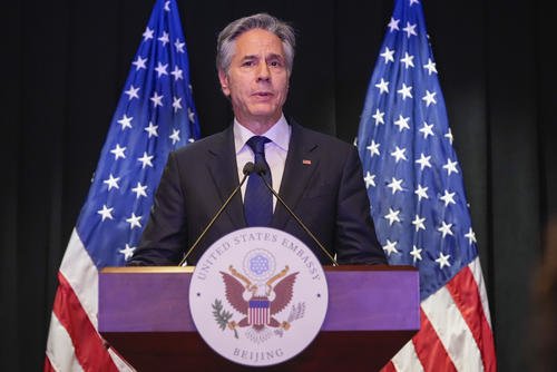 U.S. Secretary of State Antony Blinken speaks during a press conference at the U.S. Embassy in China