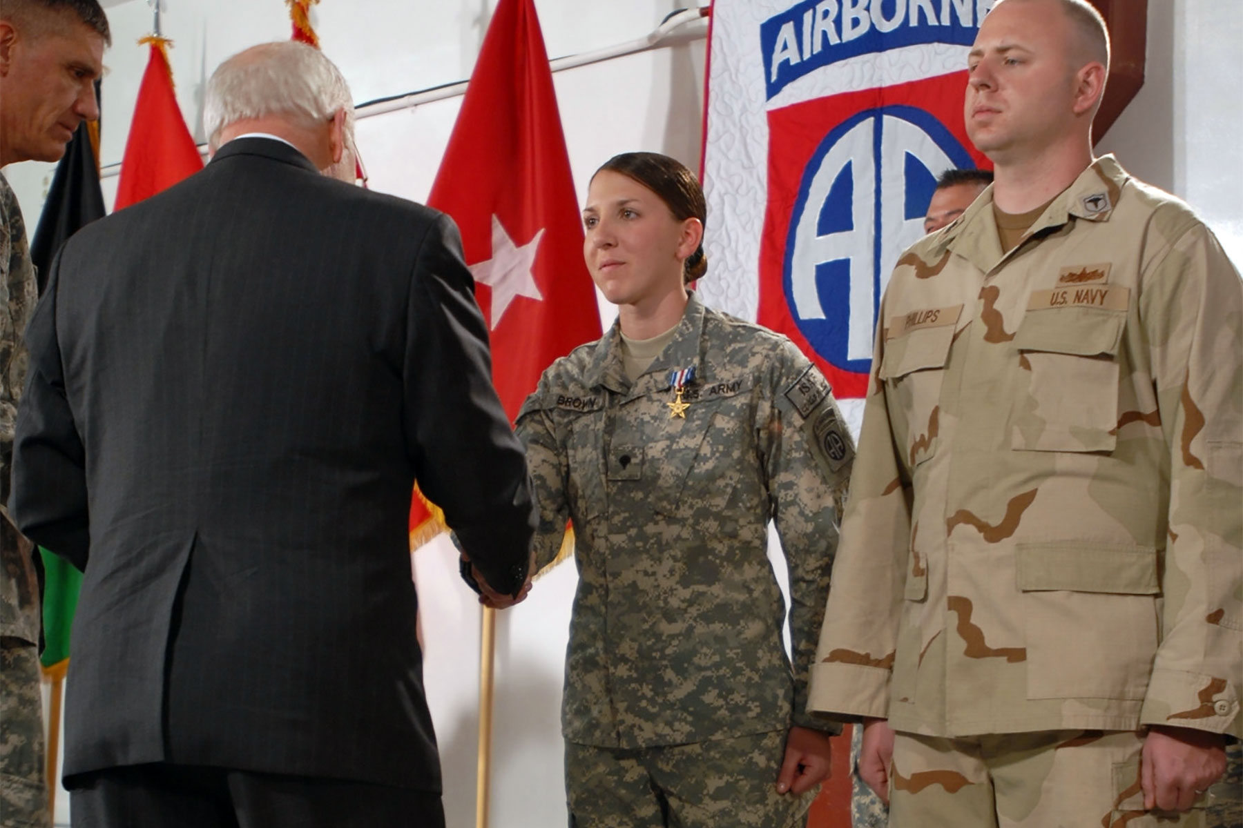 Spc. Monica Brown gets awarded the Silver Star at Bagram Airfield, Afghanistan, by Vice President Dick Cheney for her actions on April 25, 2007, during a combat patrol. (U.S. Army/Scott Davis)