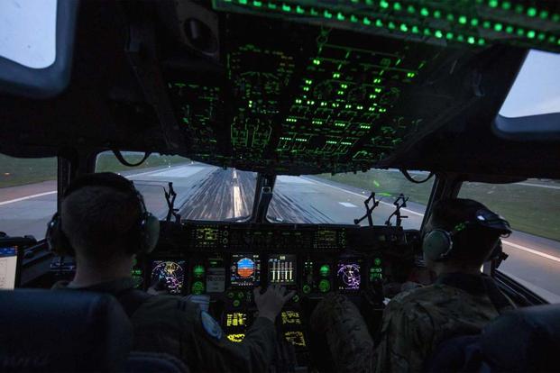Capts. Wes Sloat (left) and Jared Barkemeger, 7th Airlift Squadron pilots, operate a C-17 Globemaster III during takeoff from the flight line of Fort Bragg, N.C., during Operation Panther Storm, July 27, 2017.  (U.S. Air Force/Staff Sgt. Keith James)
