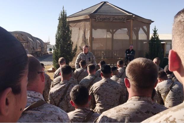 During a visit to deployed Marine units in late December 2017, Gen. Robert Neller told his own deployed Christmas story. (Screen grab via video by Hope Hodge Seck/Military.com)