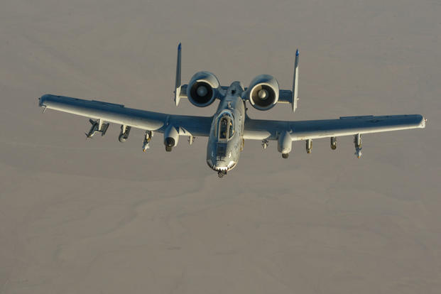 A U.S. Air Force A-10 Thunderbolt II departs after receiving fuel from a 340th Expeditionary Air Refueling Squadron KC-135 Stratotanker in support of Operation Inherent Resolve on Oct. 6, 2017. (U.S. Air Force photo/Michael Battles)