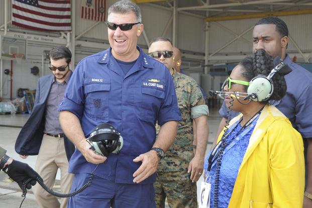 FILE -- Then Vice Adm. Karl L. Schultz prepares to conduct flyovers in Texas on Sept. 3, 2017, to assess the ship channels, ports and affected areas in Houston and surrounding areas after Hurricane Harvey. Corrie N. Smith/Coast Guard