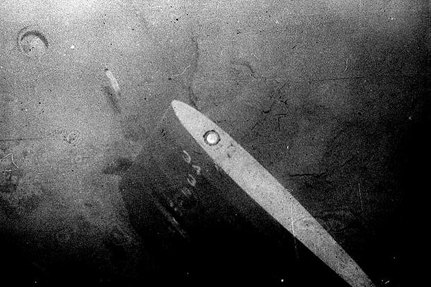  Overhead view of the Thresher's upper rudder at a depth of more than 8,000 feet, photographed in October 1964 by a deep-sea vehicle. (US Navy photo courtesy of Naval History and Heritage Command)