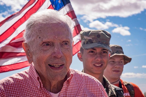 100-year-old Bataan Death March survivor Col. Ben Skardon, a beloved Clemson University alumnus and professor emeritus, walked between 6.5 and 7 miles in the Bataan Memorial Death March at White Sands Missile Range, N.M., March 25, 2018. (Photo: U.S. Army/Ken Scar)