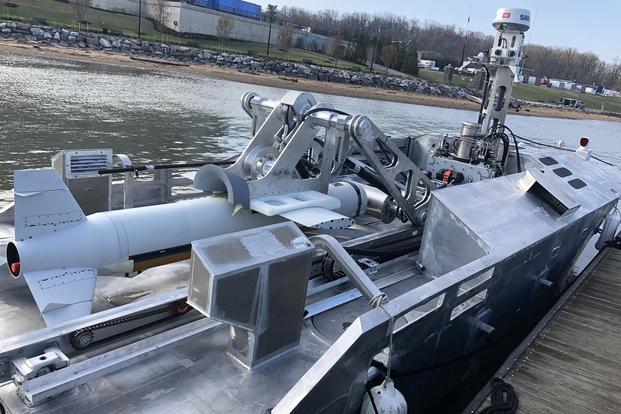Texton's Common Unmanned Surface Vessel (CUSV) at the annual Sea-Air-Space exposition, National Harbor, Md., April 10, 2018. (Hope Hodge Seck/Military.com)