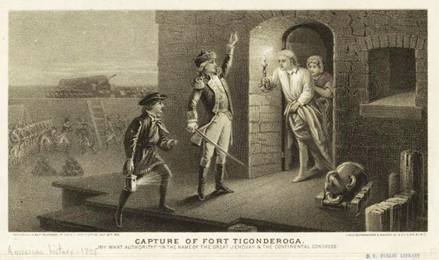 Army Col. Ethan Allen, partnered with then-Col. Benedict Arnold, demands the surrender of Fort Ticonderoga. (Photo: New York Public Library Digital Library)