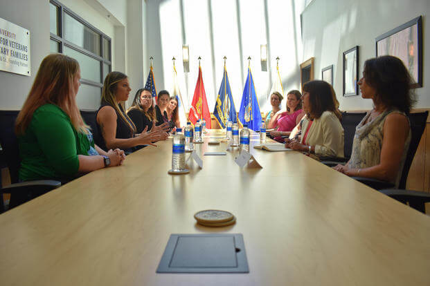 Second Lady of the United States Karen Pence, the wife of Vice President Mike Pence, speaks with New York National Guard spouses, at Syracuse University, Syracuse, N.Y., June 19, 2018. (N.Y. Army National Guard /Spc. Andrew Valenza)