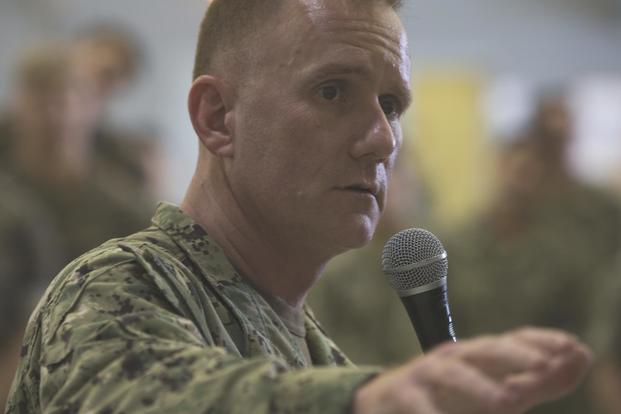 Master Chief Petty Officer of the Navy Steven S. Giordano speaks with Sailors from Marine Corps Base Hawaii, Jan. 10, 2018. (U.S. Marine Corps/Sgt. Alex Kouns)