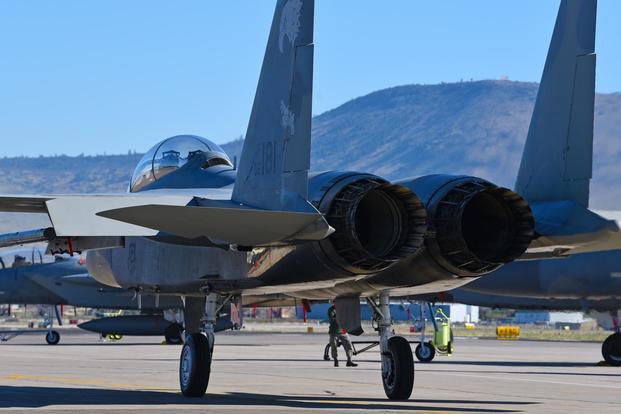 A U.S. Air Force F-15C Eagle taxis to the runway in preparation for a routine training mission at Kingsley Field in Klamath Falls, Oregon April 20, 2018. (U.S. Air National Guard/Senior Master Sgt. Jennifer Shirar)
