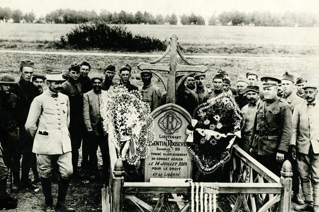 Quentin Roosevelt's grave outside Chamrey, France after the French erected a more permanent grave marking. He was initially buried near his plane by German troops. (New York National Guard)