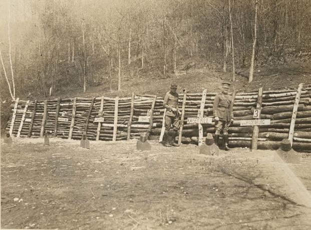 Soldiers training at Camp Devens, Massachusetts, stand with their bayonet targets helpfully named things like "Kaiser Bill" and "Hindenburg." (Photo: National Archives and Records Administration)