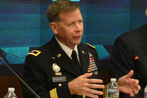 Then-Maj. Gen. Stephen Fogarty, commander, U.S. Army Cyber Center of Excellence at Fort Gordon, Georgia, speaks, July 14, 2016 at the "Network Readiness in a Complex World" panel hosted by the Association of the United States Army at AUSA headquarters in Arlington, Va. (U.S. Army photo/David Vergun)