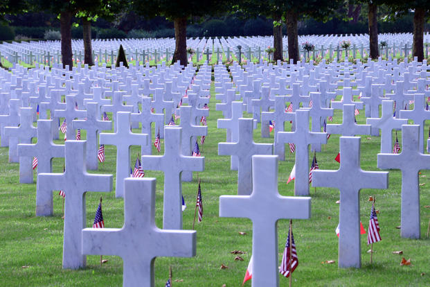 Gravestones of some of the 6,012 American buried at the Oise- Aisne American Cemetery in Seringes et Nesles, France. (U.S. Army National Guard/Jean Marie Kratzer)