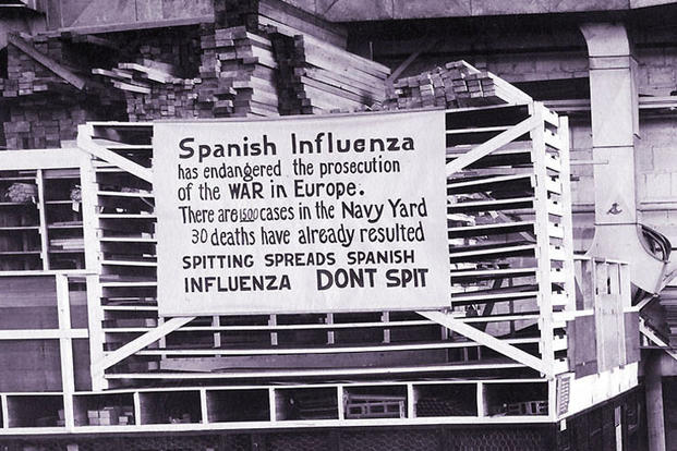 This sign in the Philadelphia Navy Yard urges workers to take health precautions during the peak of the flu pandemic, which struck the United States in the fall of 1918.
