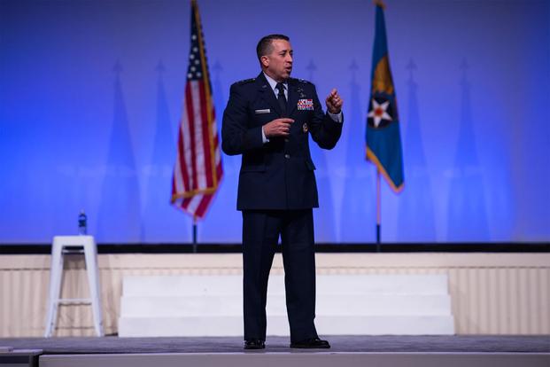 Lt. Gen. Brian Kelly, deputy chief of staff for manpower, personnel and services, gives an Air Force personnel update during the Air Force Association’s Air, Space and Cyber Conference in National Harbor, Maryland, Sept. 17, 2018. (U.S. Air Force/Tech. Sgt. DeAndre Curtiss)