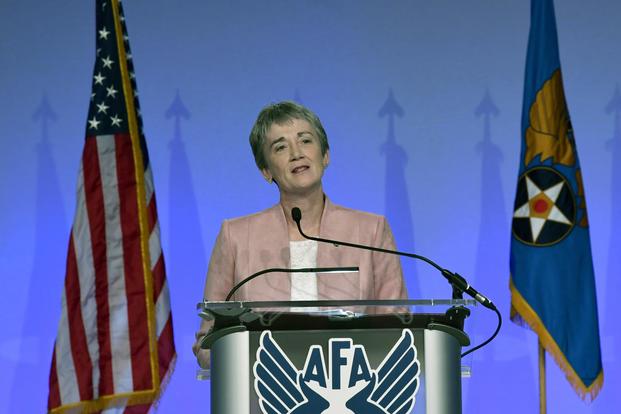 Secretary of the Air Force Heather Wilson delivers her the “Air Force We Need,” address during the Air Force Association Air, Space and Cyber Conference in National Harbor, Maryland, Sept. 17, 2018 (U.S. Air Force/Wayne Clark)