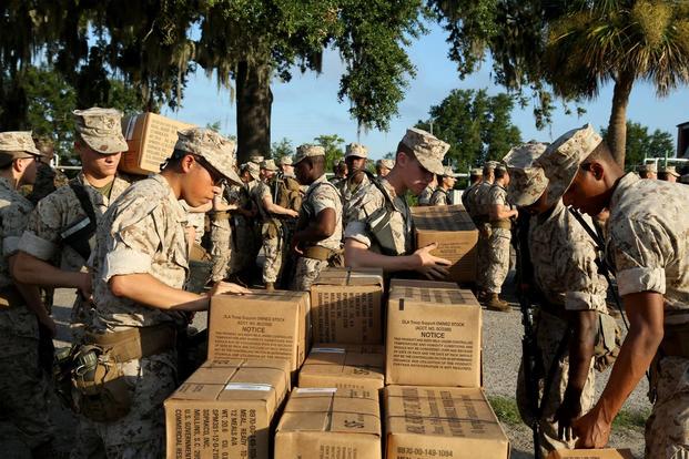 Recruits at Marine Corps Recruit Depot Parris Island prepare to evacuate to Marine Corps Logistic Base Albany following an evacuation order directed by Brig. Gen. James Glynn, the depot’s commanding general. (U.S. Marine Corps/Lance Cpl. Yamil Casarreal)