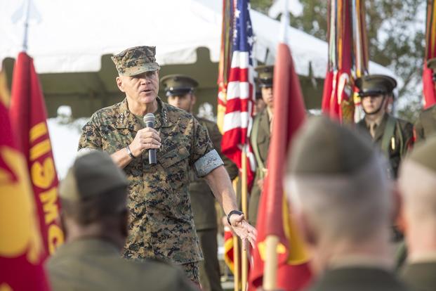 Commandant of the Marine Corps Gen. Robert B. Neller speaks to U.S. Marines with 6th Marine Regiment, 2nd Marine Division, on Camp Lejeune, N.C., Oct. 23, 2018. (U.S. Marine Corps/Cpl. Tojyea G. Matally)