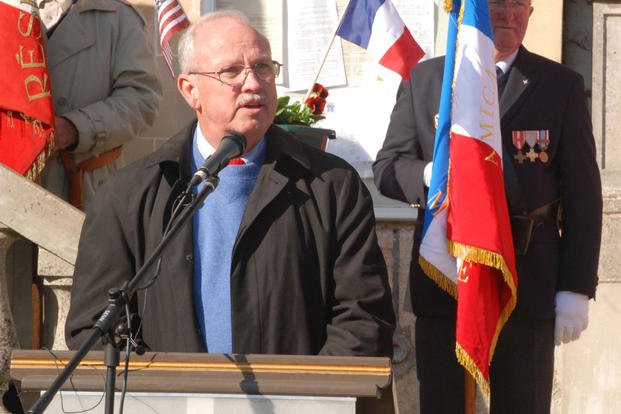 Retired Army Col. Gerald York, grandson of World War I Medal of Honor recipient Sgt. Alvin C. York, talks about his grandfather’s values and legacy during commemoration ceremonies in the village of Chatel-ChAfAhAfAry, France, Oct. 4, 2008. (U.S. Army photo/Dave Melancon)
