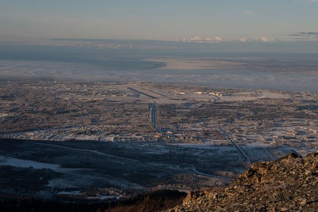 A view of Joint Base Elmendorf-Richardson and surrounding area can be seen from the star placed on the side of Mount Gordon Lyon at JBER, Alaska, Nov. 23, 2018. (U.S. Air Force/Crystal A. Jenkins)