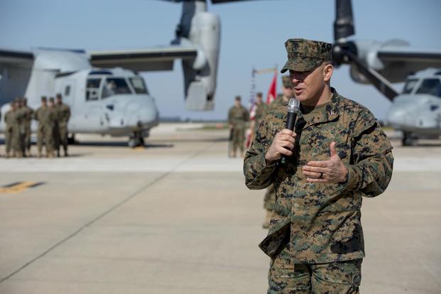Colonel Adam L. Chalkley, commanding officer of Special Purpose Marine Air-Ground Task Force-Crisis Response-Africa, gives his remarks during a transfer of authority ceremony for SPMAGTF-CR-AF at Morón Air Base, Spain, March 21, 2018. (U.S. Marine Corps/Cpl. Holly Pernell)