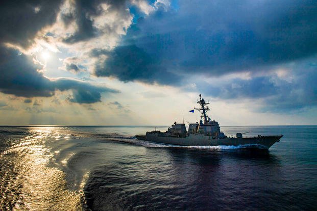 The guided missile destroyer USS Halsey travels in the Indian Ocean, March 28, 2018, while supporting security efforts in the U.S. 7th Fleet area of operations. (U.S. Navy photo by Petty Officer 3rd Class Morgan K. Nall)