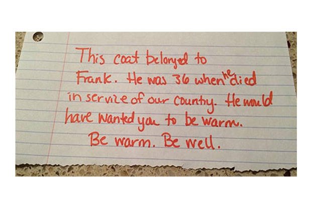 A note left in the coat of CW3 Frank Buoniconti as it was donated to a homeless man. (Courtesy of Kryste Buoniconti)