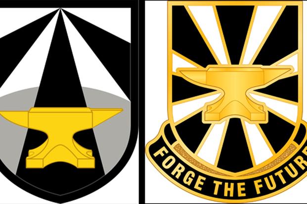 The shoulder sleeve insignia, left, and distinctive unit insignia for Army Futures Command. With a golden anvil as its main symbol, the shoulder patch and unit insignia are a nod to former Gen. Dwight D. Eisenhower's personal coat of arms, which included a blue-colored anvil. (US Army illustration)