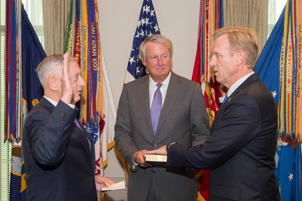 FILE PHOTO -- Deputy Defense Secretary Pat Shanahan is formally sworn into office by Defense Secretary Jim Mattis during a ceremony in the Pentagon in Washington, D.C., Aug. 14, 2017. Shanahan will take over as Acting Secretary of Defense on January 1, 2019. (DOD/Army Sgt. Amber I. Smith)