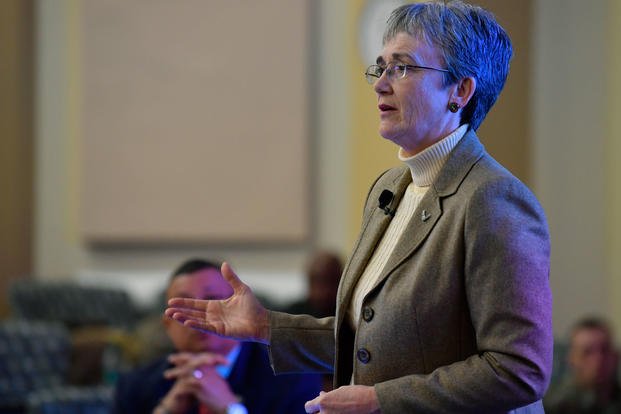 Secretary of the Air Force Heather Wilson speaks to a group of Chiefs and their spouses during the Command Chief Master Sergeant training course at Joint Base Andrews, Maryland, Jan. 15, 2019. (U.S. Air Force photo/Wayne Clark)