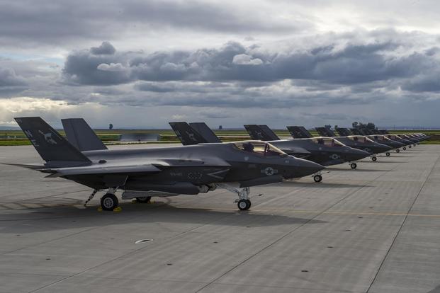 Ten F-35C Lightning II jets assigned to the "Argonauts" of Strike Fighter Squadron (VFA) 147 sit on the flight line at Naval Air Station Lemoore.  (U.S. Navy Photo by MC1 Gil Bolibol)