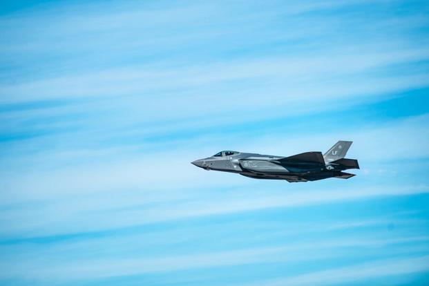 Capt. Andrew "Dojo" Olson, F-35A Lightning II Demonstration Team pilot and commander, performs a high-speed pass during a demo practice over Luke Air Force Base, Ariz., Jan. 28, 2019. (U.S. Air Force/Senior Airman Alexander Cook)
