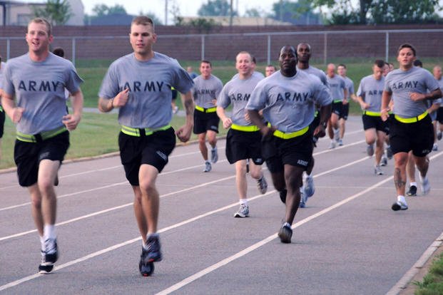 B Co., 1st Bn., 145th Avn. Regt. flight school students run on the Fort Rucker Physical Fitness Facility track as part of their physical training routine Aug. 10. (U.S. Army photo by Emily Brainard)