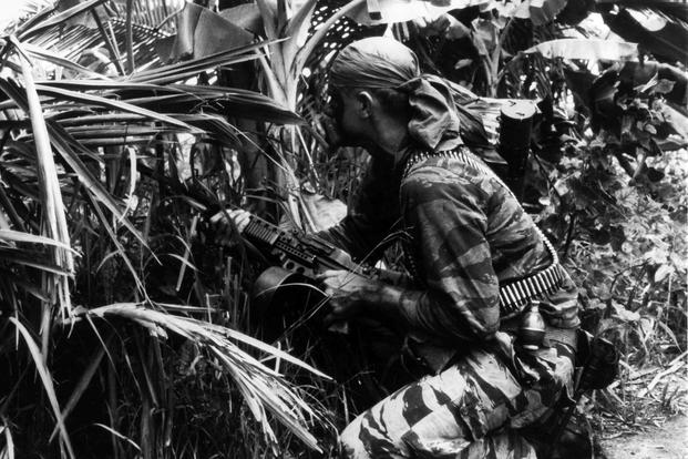 A member of a U.S. Navy SEAL team uses caution as he watches for any movement in the thick wooded area along a stream in Vietnam in October 1968. Agent Orange and other defoliants were used to clear out vegetation that obscured enemy movements. National Archives & Records Administration photo