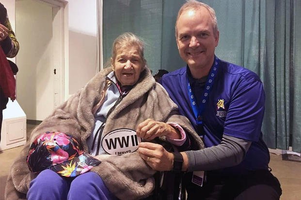 World War II veteran Charlotte Schwid and Thomas Steinbrunner, Associate Director of the Alaska VA Healthcare System. Schwid will turn 100 in May, 2019. (Photo courtesy of the Schwid family)