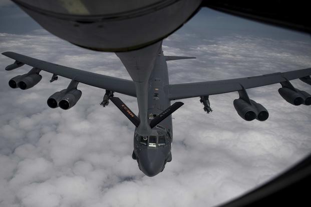 A U.S. B-52H Stratofortress aircraft assigned to the 20th Expeditionary Bomb Squadron refuels from a KC-135 Stratotanker assigned to the 28th Expeditionary Air Refueling Squadron at an undisclosed location in Southwest Asia on May 12, 2019. (U.S. Air Force photo by Senior Airman Keifer Bowes)